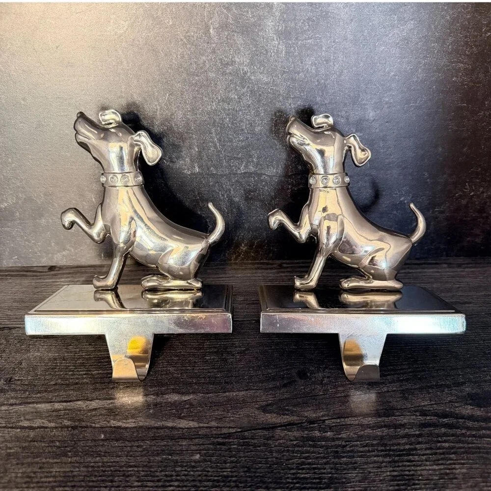 Vintage Pottery Barn Dog Stocking‎ Holders Silver Rhinestone Collars Set of 2
